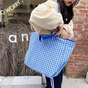 Detail of blue and white checkered canvas tote bag worn by a model in outdoor setting