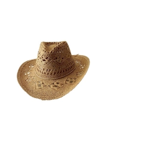 Classic straw western cowboy hat with hollow weave and wide brim for sun protection