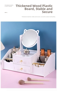 White vanity organizer with cat-ear mirror and drawers for skincare storage