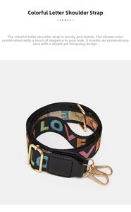 Adjustable black nylon shoulder strap with colorful LOVE text and gold metal hooks