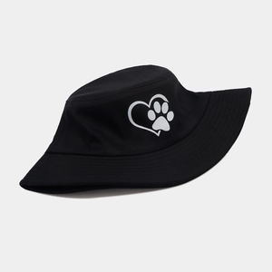 Classic black bucket hat with white heart and paw print embroidery for outdoor sun protection
