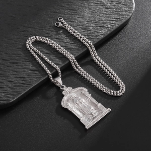 Polished silver stainless steel Virgin Mary pendant necklace with decorative small crystals