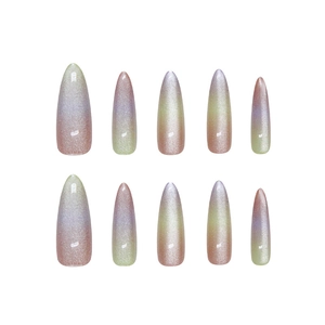 Cat eye stiletto press-on nails with rainbow gradient in shimmering green and purple tones