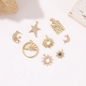 Set of 8 vintage gold sun and moon pendants with zircon stones for DIY jewelry making