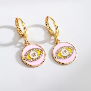 Bohemian 18K gold plated hoop earrings featuring pink enamel evil eye charms with zircons