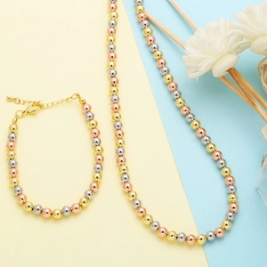 Three-tone hip hop beaded necklace and bracelet set in gold, silver and rose gold