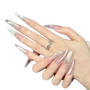 Elegant stiletto press-on nails with 3D embossed flowers and cat-eye pearl finish