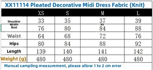 Detailed size chart for the sleeveless knitted midi dress showing exact measurements in CM