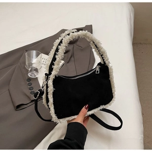Women Vintage Suede Shoulder Bag Chic Sherpa Trim Patchwork Underarm Handbag With Adjustable Strap