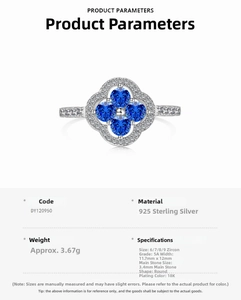 Detailed spec sheet showing S925 silver clover ring with blue heart zircons and dimensions
