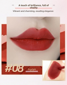 Lip swatch of #08 Scarlett Red velvet matte lip clay with detailed hand testing view