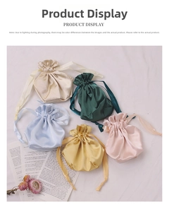 Silk satin drawstring storage bags in champagne, green, blue, yellow, and pink colors
