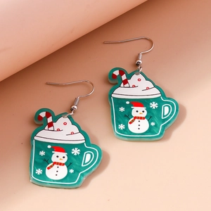 Christmas snowman green mug drop earrings with candy cane and festive holiday pattern