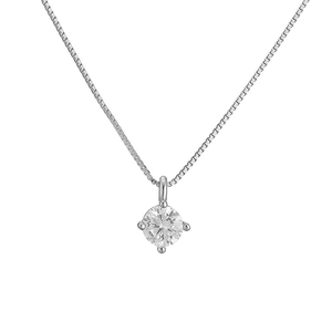 Detail of S925 silver box chain with a four-prong set round cubic zirconia pendant
