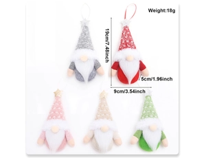 Detailed size chart of colorful Christmas knit gnomes with dimensions for holiday tree decor
