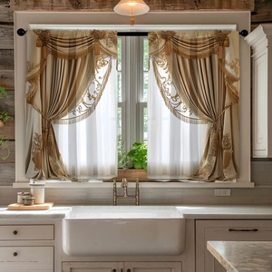 Detail of 2pcs gold jacquard kitchen curtains with decorative tassels on farm window