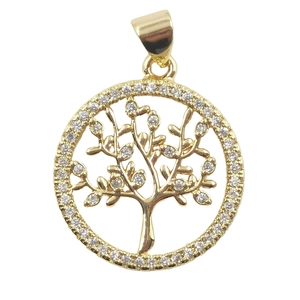 Golden Tree of Life round pendant with micro-paved sparkling zircon stones on white background