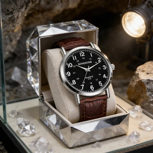 Detail of elegant watch with black dial, brown leather strap on textured rock background