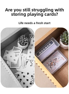 Clear plastic storage box showing organized playing cards vs messy pile in wooden drawer