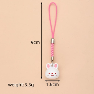 Detailed view of 9cm cute white rabbit bell pendant with pink rope and size markings