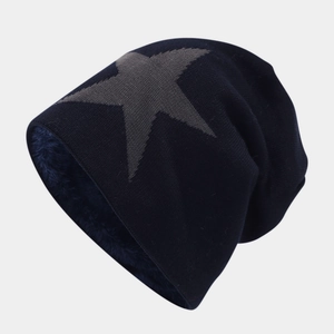 Detail of grey star embroidery on navy blue fleece lined beanie with thick plush texture