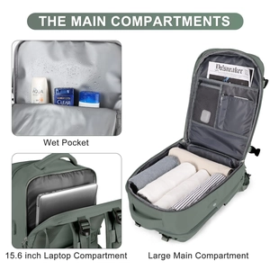 Detail view of large capacity backpack with wet pocket and 15.6 inch laptop compartment