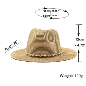 Light brown straw jazz hat with chain detail and sizing specs for beach sun protection
