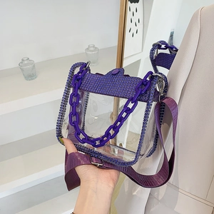 Transparent purple PVC crossbody bag with sparkling rhinestones and thick chain strap