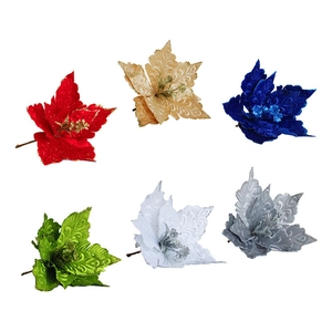 Glittering velvet Poinsettia Christmas tree decorations in six assorted colors on white