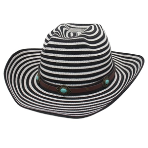 Western straw cowboy hat with black and white stripes and turquoise stone leather band