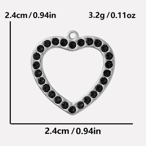 Detailed view of silver stainless steel heart pendant with black gemstone and dimensions