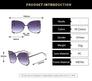 Detailed dimensions of oversized square sunglasses with metal frames and PC lenses