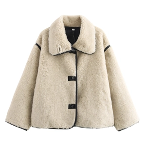 Women Faux Fur Lamb Wool Jacket Lapel Contrast Binding Single Breasted Short Cropped Loose Fashion Elegant Outerwear