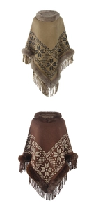Detailed knit poncho texture with faux fur collar, fringe hem, and snowflake patterns