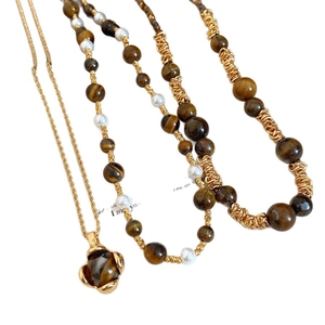 Retro tiger eye flower pendant necklace with wood beads and pearls for women