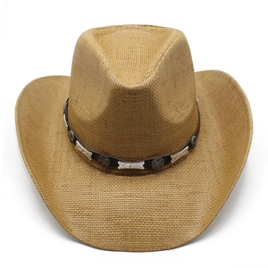 Classic western straw cowboy hat with decorative star band on white background