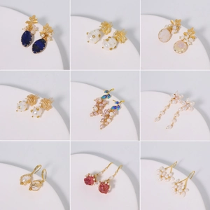 Golden earrings collection with pearls and enamel in various vintage nature designs
