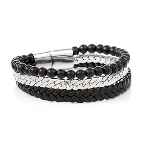 Black obsidian bead and woven leather multilayer bracelet with silver magnetic clasp
