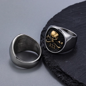 Vintage punk stainless steel skull ring with gold accent and 322 engraving