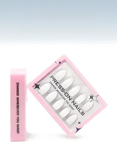 Short almond press-on nails set in white with premium packaging box and thirty pieces