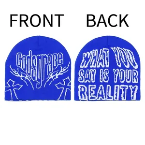 Blue knit beanie with Godsgrace cross and What You Say Is Your Reality text print