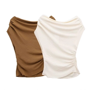 Asymmetric off-shoulder ruched sleeveless tops in tan and cream textured fabric