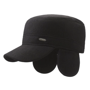 Winter men's flat top hat with ear flaps in black windproof fabric for cold weather