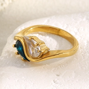 18K Gold Plated Stainless Steel Ring For Women With Blue And Clear Pear Cut Cubic Zirconia Teardrop Crossover Jewelry