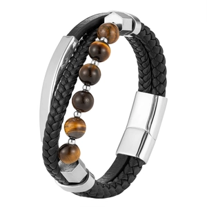 Pulsera multicapa de cuero trenzado para hombre con cuentas ojo de tigre y cierre de plata