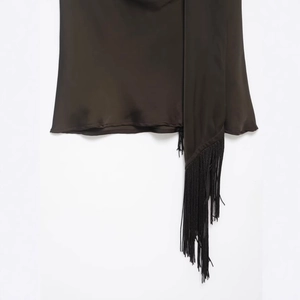 Chocolate satin top for women featuring premium silk texture and long fringe details