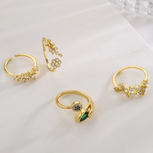 Minimalist 18K gold plated adjustable open rings with colorful zircon floral accents