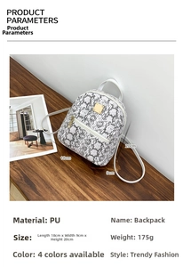 Detailed size chart showing 18x9x20cm dimensions of snake pattern mini backpack