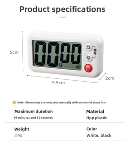 Detailed dimensions and specifications of white digital kitchen timer with magnetic back