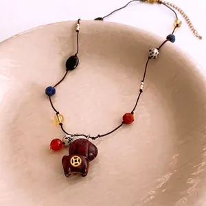 Beaded Necklace With Wooden Pig Pendant Natural Stone Glass Beads Vintage Handmade Ethnic Jewelry For Women